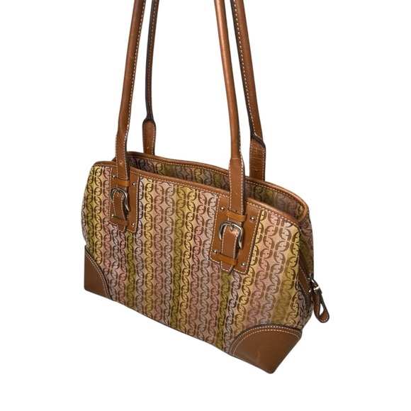 FOSSIL Multi-Color Logo Shoulder Bag with Brown Leather Trim Silver Hardware - Picture 1 of 8